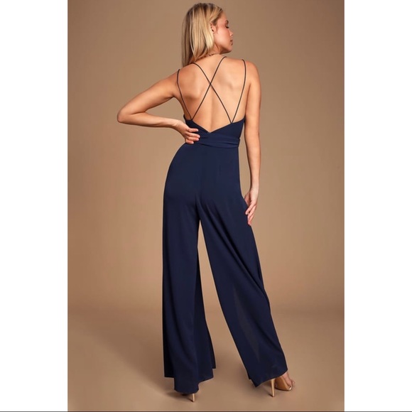 Lulu’s Navy Blue Backless Wide Leg Jumpsuit - Picture 2 of 4